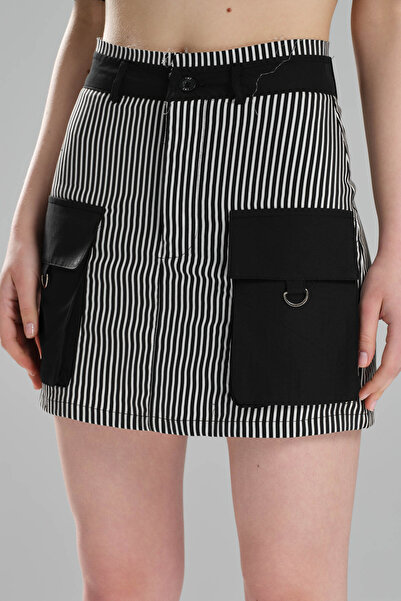 tw3 Kadın Çizgili Kumaş Garnili Tasarım Mini Şort Etek