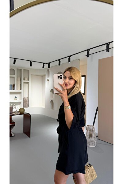 Sezgi Tekin Shirt Collar Black Shorts Jumpsuit with Adjustable Waist