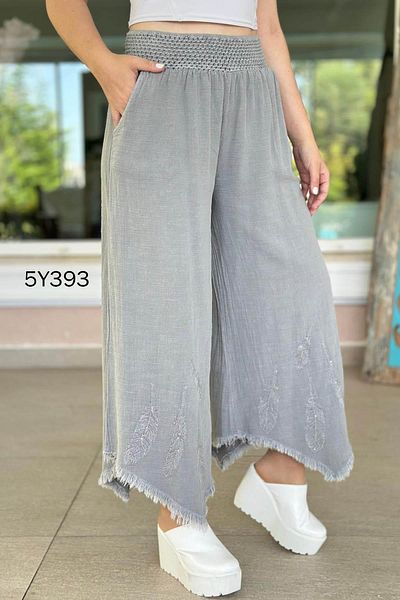 İnce Topuk Feather Embroidered Loose Linen Trousers 5Y393