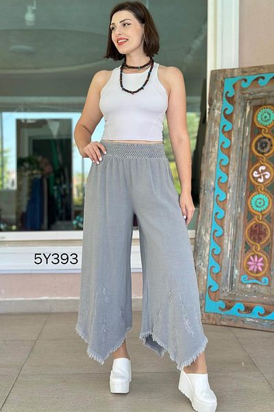 İnce Topuk Feather Embroidered Loose Linen Trousers 5Y393