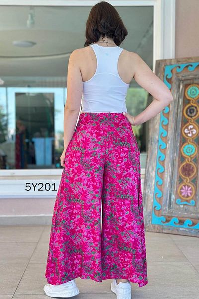 İnce Topuk Patterned Viscose Wide Leg Trousers 5Y201