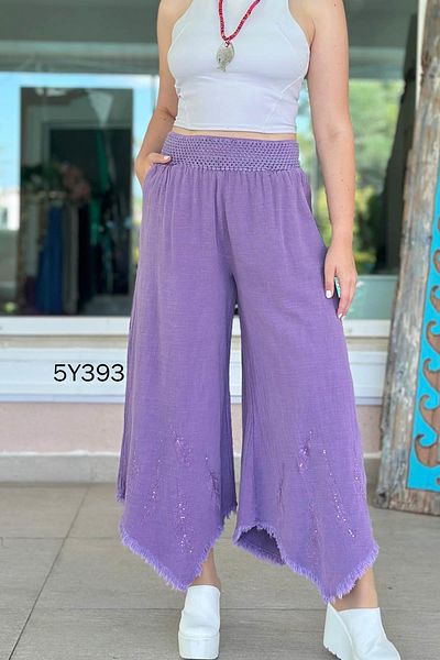 İnce Topuk Feather Embroidered Loose Linen Trousers 5Y393