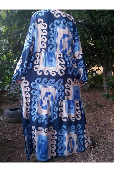 hoaryage Crew Neck Front Half Button Balloon Sleeve Layered Flounced Woven 100% Viscose Hijab Dress