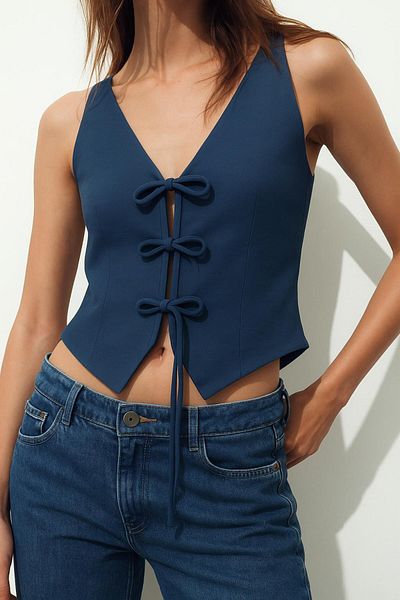 HAKKE Tie-Up Linen Look Blouse Vest