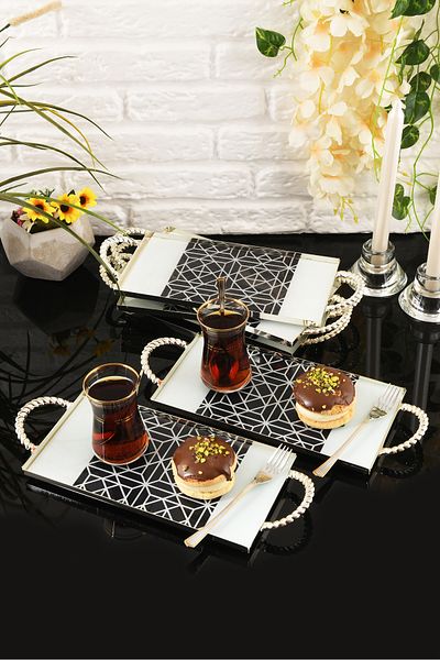 HELVACIOĞLU AKSESUAR 6 Pieces of Handled Cake, Cake, Baklava, Cookies, Tea Presentation Tray 12X25 cm Silver