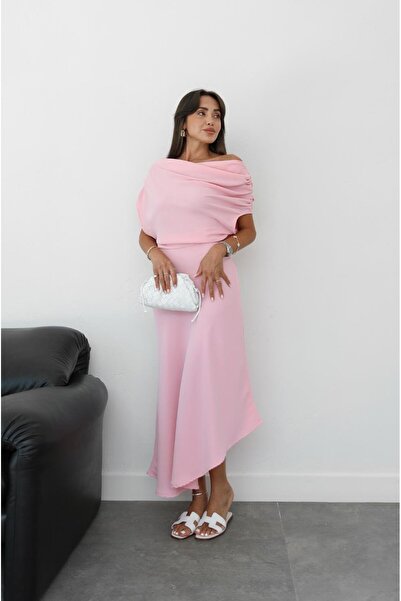 Havoş Pink Long Dress with Drawstring Detail on the Shoulders