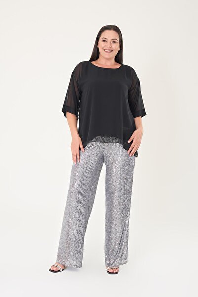 LİLAS XXL Büyük Beden Siyah Renkli Şifon Abiye Bluz