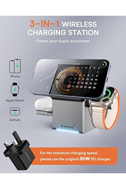 ZEEHOO 3-in-1 MagSafe Qi2 15W Wireless Charging Station (Auto-Rotating, 30W Adapter Included)