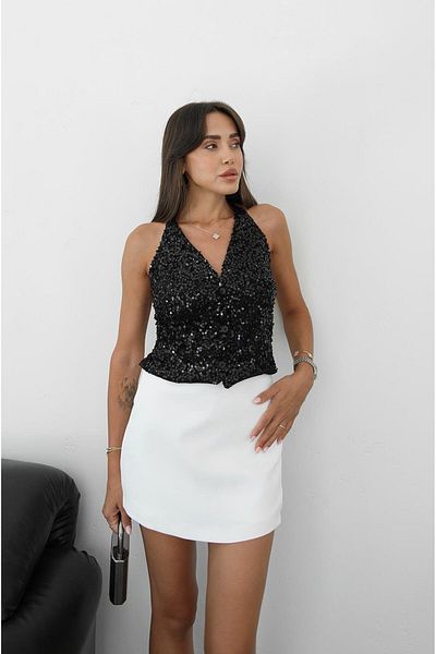 Havoş Black Sequin Tie Detailed Blouse