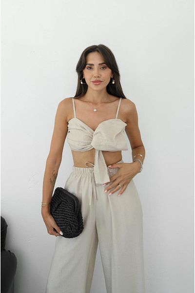 Havoş Beige Dedio Bow Crop Trousers Set