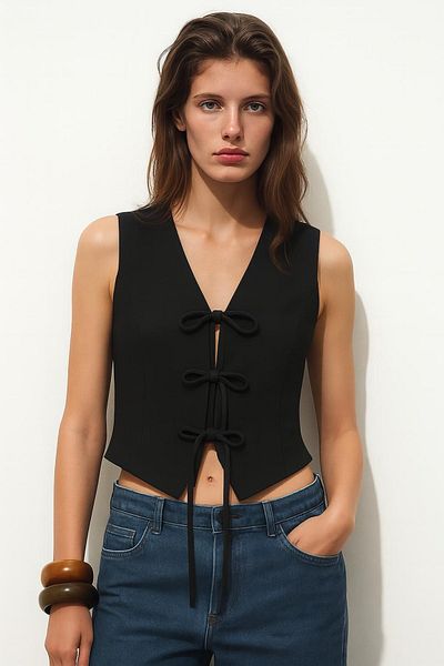 HAKKE Tie-Up Linen Look Blouse Vest
