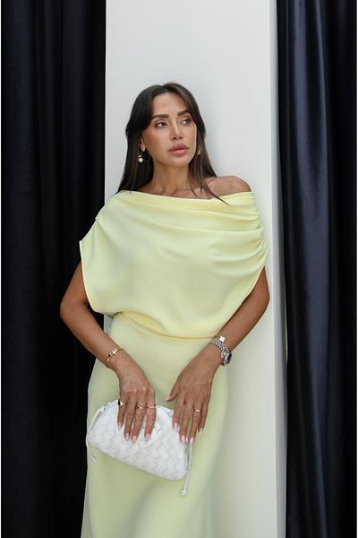 Havoş Yellow Long Dress with Drawstring Detail on the Shoulders