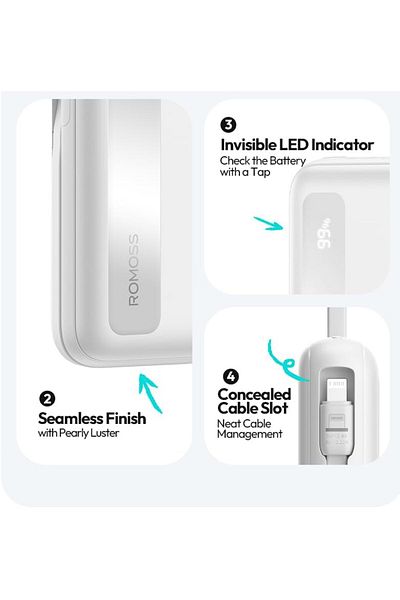 Romoss Power Bank 10000mAh,W. 22.5W wired fast charging, 4 output ports. iPhone 12-16, Android,