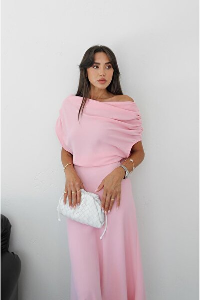 Havoş Pink Long Dress with Drawstring Detail on the Shoulders