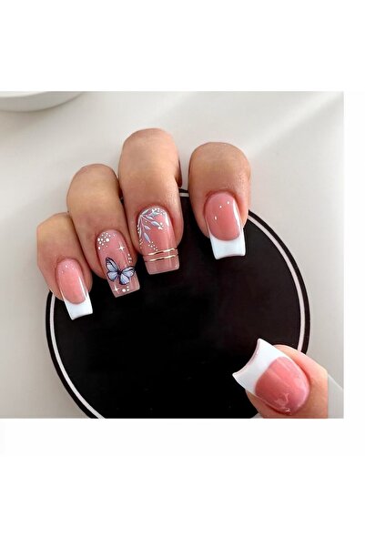 Arabest أظافر جل فرنسية قصيرة مربعة متوسطة الحجم، مخططة باللون الوردي اللامع ...