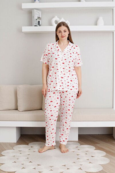 pijamacity Battal Beden Kadın Desenli Düğmeli Pijama Takımı