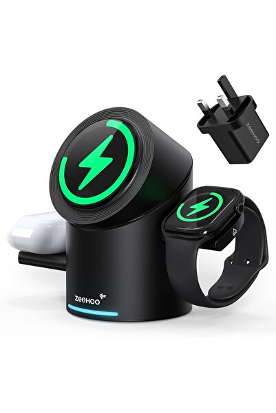 ZEEHOO محطة شحن لاسلكية 3 في 1، حامل شاحن ماج سيف دوار تلقائيًا لأجهزة متعددة، Q
