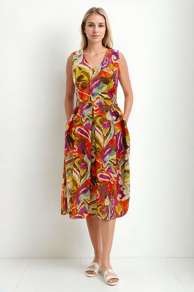 Vitrin V Neck Pleated Tie Waist Patterned Dress