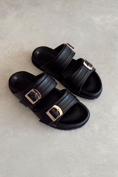 nope21shoess Peru Black Genuine Leather Slippers