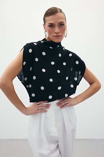 Sateen Puantiye Desenli Bluz - Siyah
