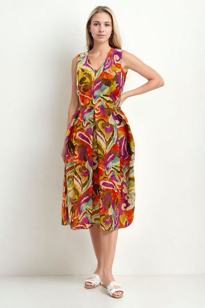 Vitrin V Neck Pleated Tie Waist Patterned Dress