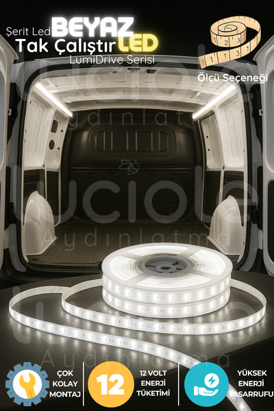 luciole LumiDrive 3m Beyaz 12V Araç LED Şerit – 180 Çipli, Montaj Hazır, Kesi...