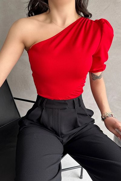 OLSAMODA Women's One Shoulder Tight Detail Flexible Knitted Fabric Bluz