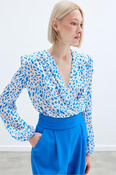 Sateen Double Breasted Patterned Bodysuit - Navy Blue