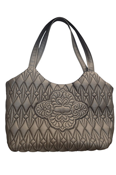 Lüksteks Women's Black Embroidery Detailed Zippered Shoulder Bag E: 38 U:28