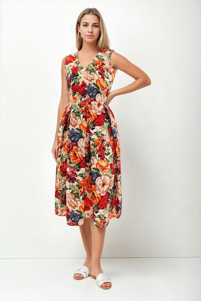 Vitrin Floral Pattern V Neck Pleated Tie Waist Dress