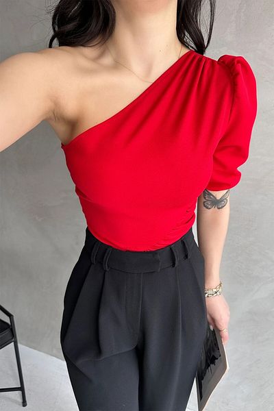 OLSAMODA Women's One Shoulder Tight Detail Flexible Knitted Fabric Bluz
