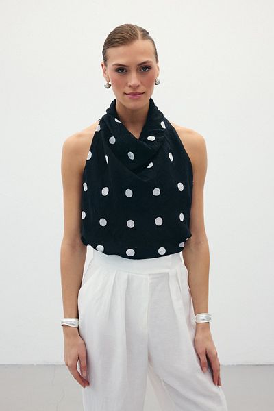 Sateen Sleeveless Polka Dot Patterned Blouse - Black