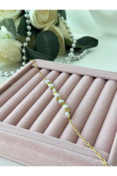 stainles steel Altın Renkli ve Beyaz Boncuklu Zincirli Paslanmaz Çelik Halhal