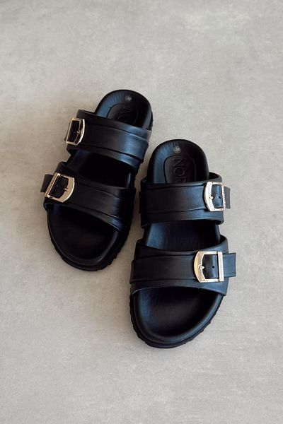 nope21shoess Peru Black Genuine Leather Slippers