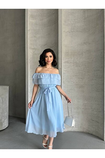 Bella Breeze Жіноча вишукана сукня з поясом, деталізована шифоном, середньої довжини