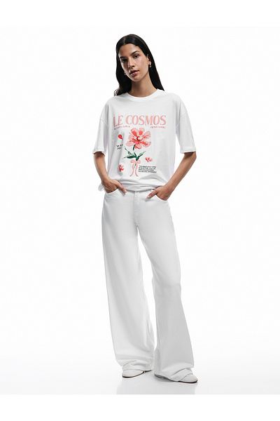 Koton Cotton Short Sleeve Crew Neck Bow Hibiscus Printed T-Shirt