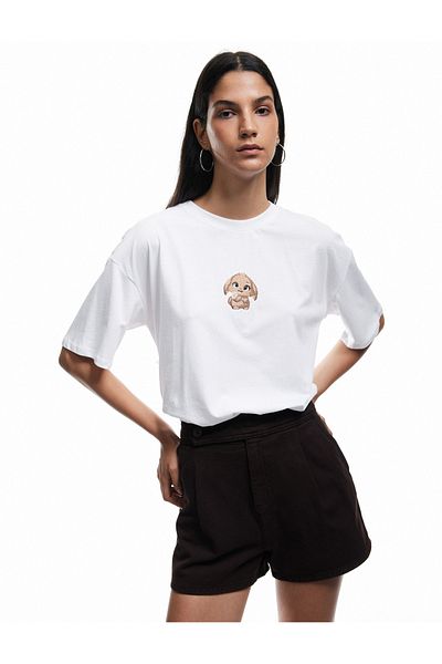 Koton Short Sleeve Crew Neck Cotton Dog Embroidered Oversize T-Shirt