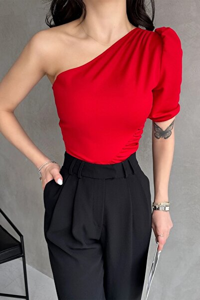 OLSAMODA Women's One Shoulder Tight Detail Flexible Knitted Fabric Bluz