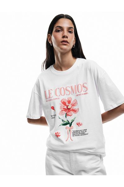 Koton Cotton Short Sleeve Crew Neck Bow Hibiscus Printed T-Shirt