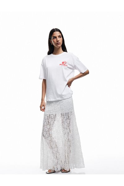 Koton Short Sleeve Crew Neck Cotton Oversize T-Shirt with Strawberry Print on the Back