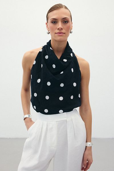 Sateen Sleeveless Polka Dot Patterned Blouse - Black