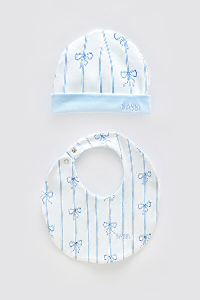 Atelier Babbi 100% Cotton Newborn Bib & Hat Set - Ribbon / Blue