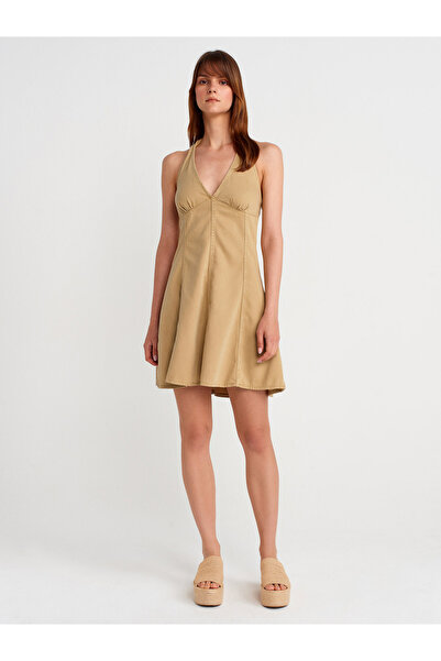 Dilvin 90568 Rochie scurtă din denim cu secțiune din spate elastică-Çağla