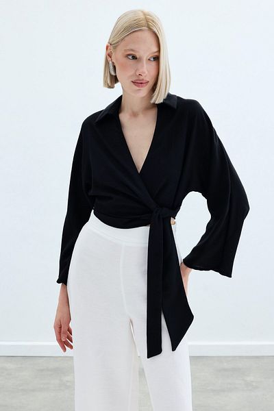 Sateen Tie-Up Linen Blouse - Black