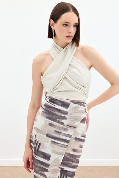 Sateen Bluză Crop de in cu gât Halter - Bej