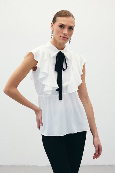 Sateen Ruffled Flounce Blouse - Ecru