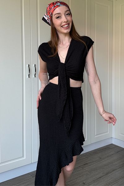 ereskiga Black Seersucker Fabric Skirt Suit with Ruffle Detail