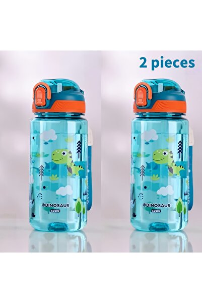 Choice زجاجة مياه خضراء للأطفال سعة 0.6 لتر، قطعتين، سعة 600 مل، بتصميم ديناص...