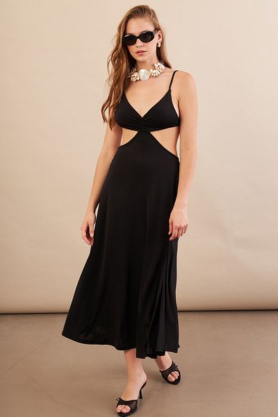 Cool & Sexy Γυναικείο μαύρο εξώπλατο φόρεμα με γιακά Halter Midi AN7036