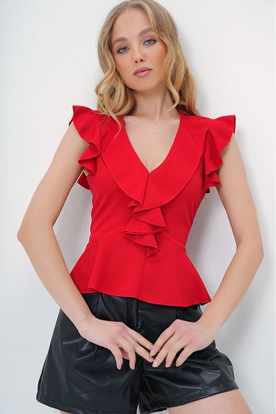 OLSAMODA Women's V-Neck Volume Flexible Knitted Fabric Bluz